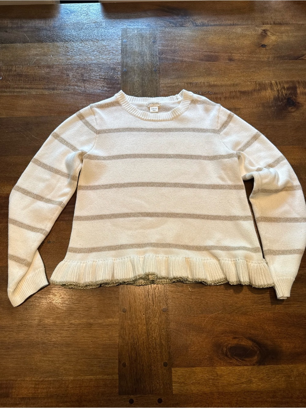 Crewcuts Cream and Tan Striped Ruffle Hem Sweater